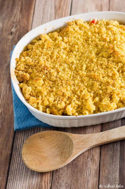 Southwestern mac and cheese is chock full of tex-mex flavors, contrasting textures, and a hint of spicy pepper, with a sweet buttery cornbread topping.