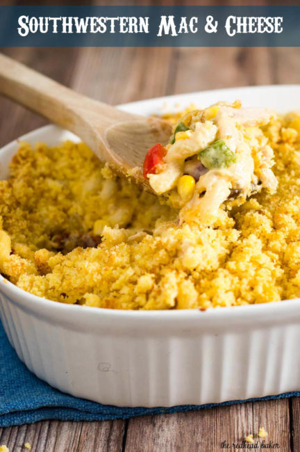 Southwestern mac and cheese is chock full of tex-mex flavors, contrasting textures, and a hint of spicy pepper, with a sweet buttery cornbread topping.