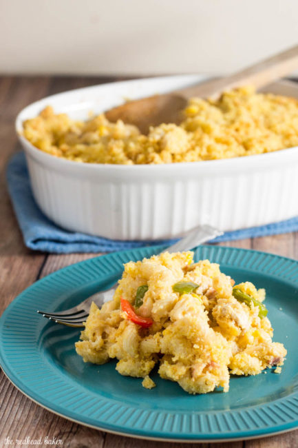 Southwestern mac and cheese is chock full of tex-mex flavors, contrasting textures, and a hint of spicy pepper, with a sweet buttery cornbread topping.