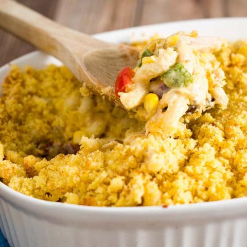 Southwestern mac and cheese is chock full of tex-mex flavors, contrasting textures, and a hint of spicy pepper, with a sweet buttery cornbread topping.