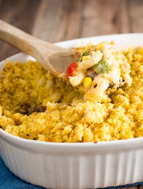 Southwestern mac and cheese is chock full of tex-mex flavors, contrasting textures, and a hint of spicy pepper, with a sweet buttery cornbread topping.