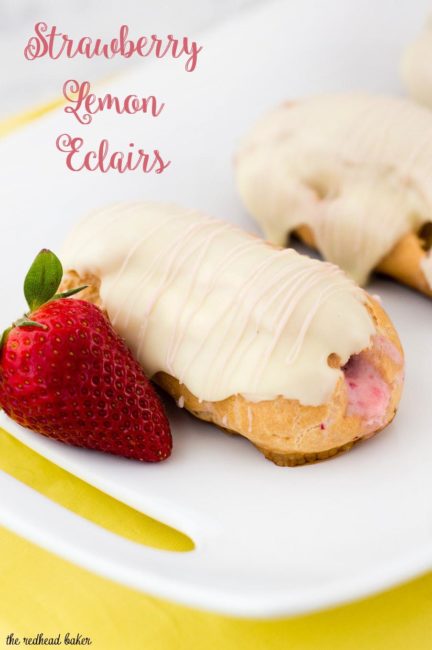 Hop into spring with strawberry-lemon eclairs, filled with fruit-flavored pastry cream then dipped in white chocolate ganache. #ad