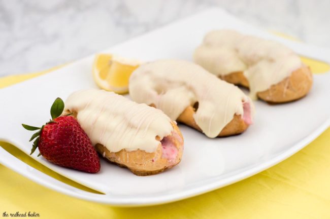 Hop into spring with strawberry-lemon eclairs, filled with fruit-flavored pastry cream then dipped in white chocolate ganache. #ad