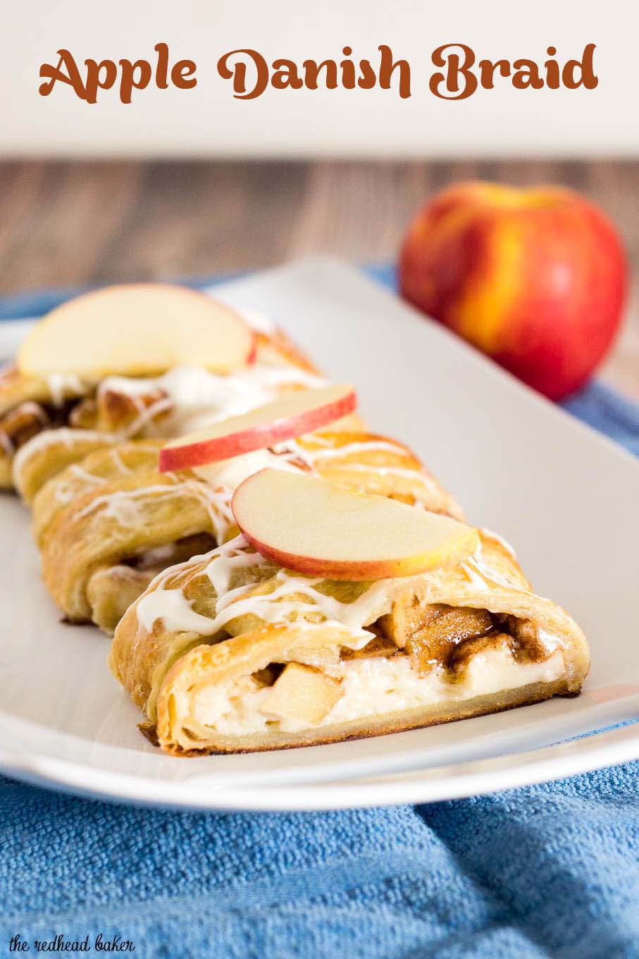 An apple Danish braid is a delicious fruit-filled pastry to serve at brunch. Flaky pastry covers sauteed cinnamon apples and sweetened cream cheese. #BrunchWeek