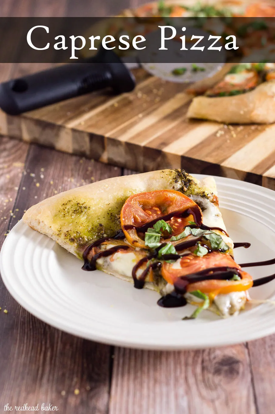 Caprese pizza is topped with pesto, thinly sliced tomatoes, and mozzarella cheese. Fresh basil and a balsamic glaze are added after baking.