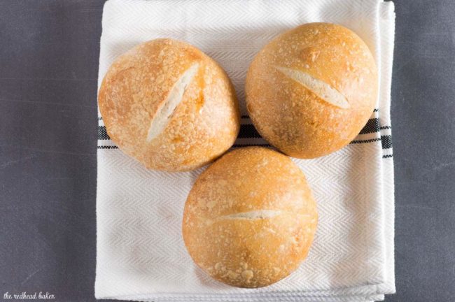 Crusty French rolls get their texture from a long rise in the refrigerator. Make them small to serve with dinner, or larger to hold a sandwich or burger.