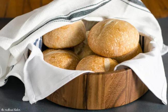Crusty French rolls get their texture from a long rise in the refrigerator. Make them small to serve with dinner, or larger to hold a sandwich or burger.