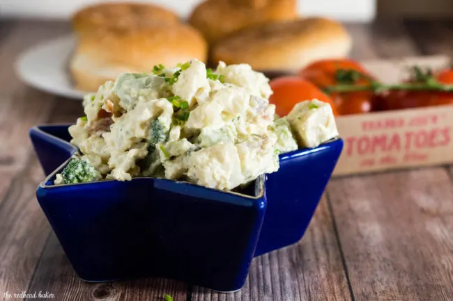 This isn't your mom's potato salad. It's loaded potato salad, with bacon, broccoli and cheddar — all the best parts of a loaded baked potato in a cool summer side dish. #ProgressiveEats