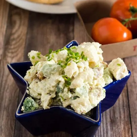 This isn't your mom's potato salad. It's loaded potato salad, with bacon, broccoli and cheddar — all the best parts of a loaded baked potato in a cool summer side dish. #ProgressiveEats