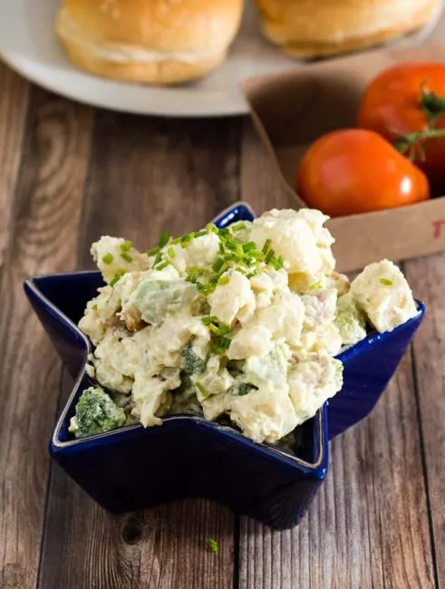 This isn't your mom's potato salad. It's loaded potato salad, with bacon, broccoli and cheddar &mdash; all the best parts of a loaded baked potato in a cool summer side dish. #ProgressiveEats