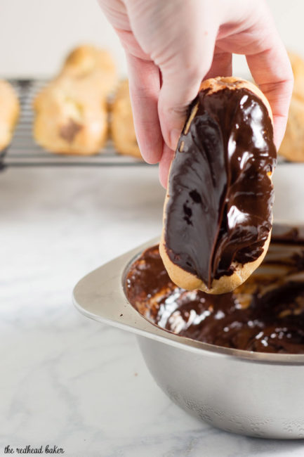 Mocha eclairs are filled with pastry cream flavored with chocolate and coffee extract — what better pastry to serve at a brunch? #BrunchWeek