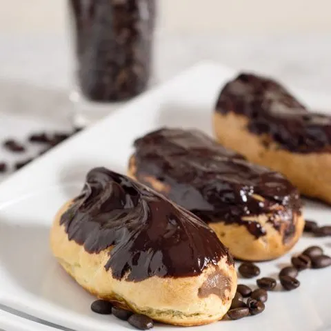 Mocha eclairs are filled with pastry cream flavored with chocolate and coffee extract — what better pastry to serve at a brunch? #BrunchWeek