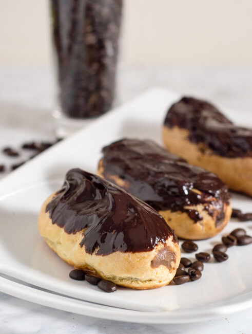 Mocha eclairs are filled with pastry cream flavored with chocolate and coffee extract — what better pastry to serve at a brunch? #BrunchWeek