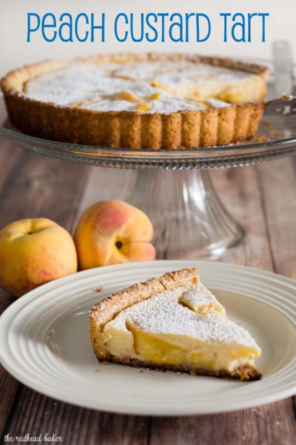 This peach custard tart has a crumbly cookie crust and a creamy custard filling loaded with tender peach slices. It's a delicious end to any meal! #BrunchWeek