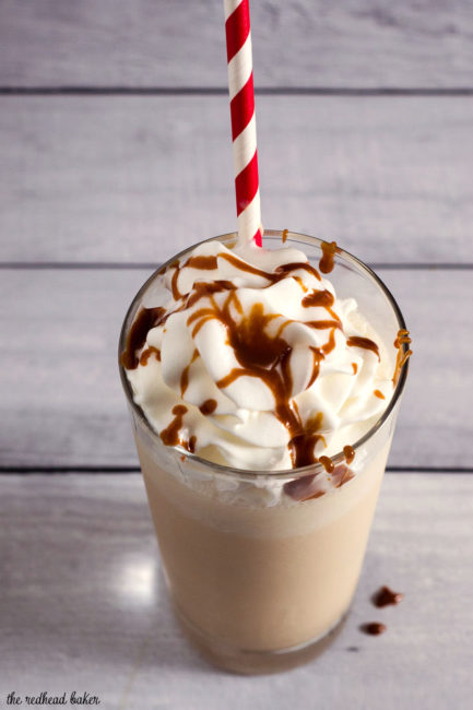 This caramel apple milkshake is a simple and delicious treat of blended vanilla ice cream, apple cider and caramel sauce.
