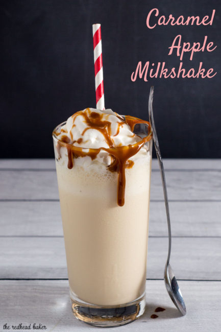 This caramel apple milkshake is a simple and delicious treat of blended vanilla ice cream, apple cider and caramel sauce.