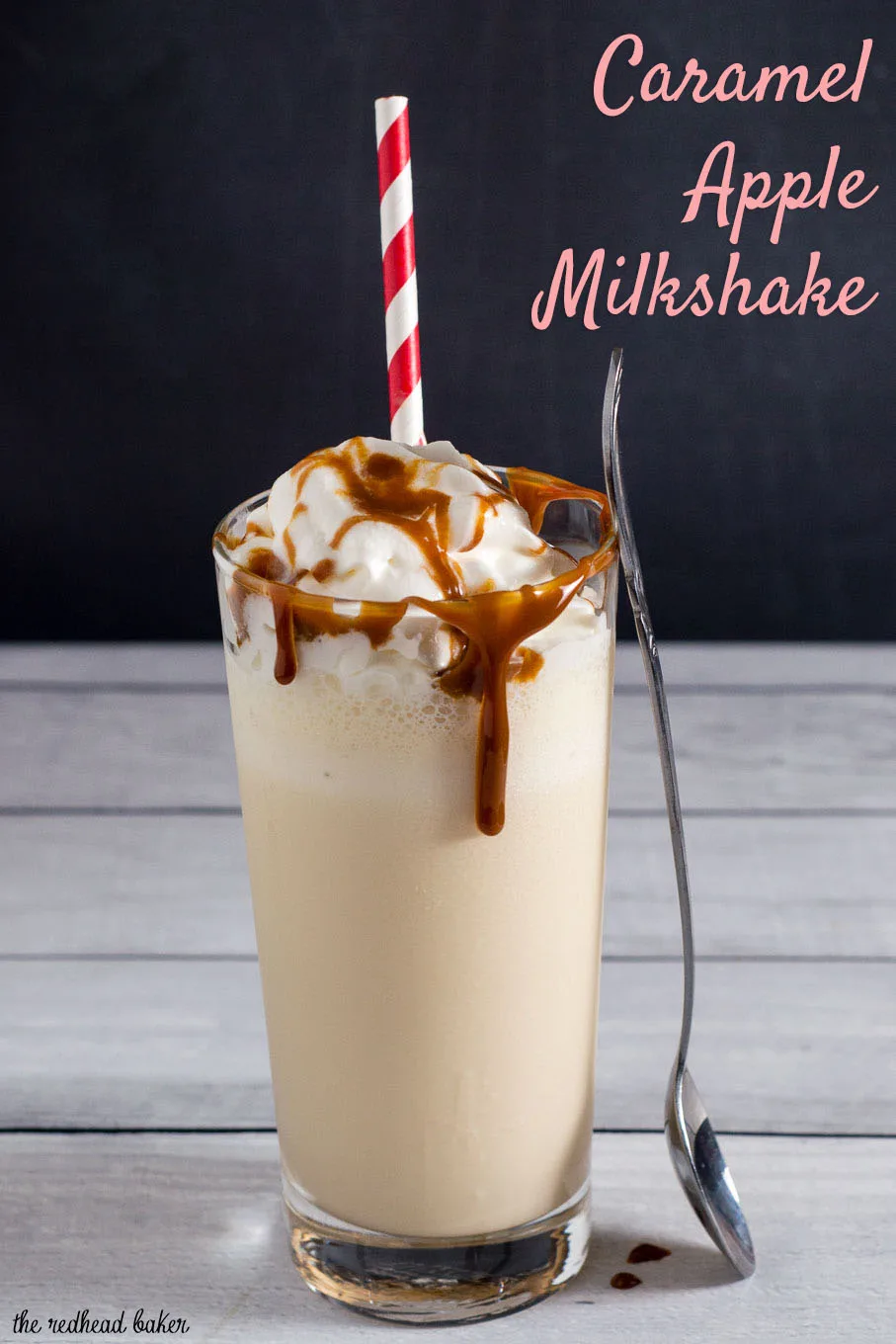 This caramel apple milkshake is a simple and delicious treat of blended vanilla ice cream, apple cider and caramel sauce.