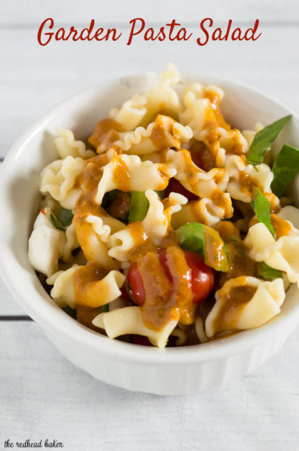 Garden pasta salad combines pasta with fresh garden vegetables, basil, and mozzarella cheese. Serve as a side salad, or add chicken or shrimp to make it a main dish.