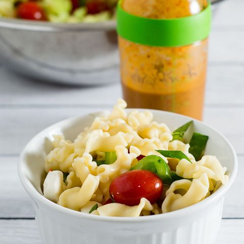 Garden pasta salad combines pasta with fresh garden vegetables, basil, and mozzarella cheese. Serve as a side salad, or add chicken or shrimp to make it a main dish.