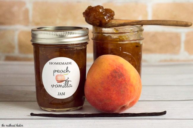 Peach vanilla jam sweetened with honey is canned using the waterbath method (no pectin needed!), so you can have a taste of summer all year long! 