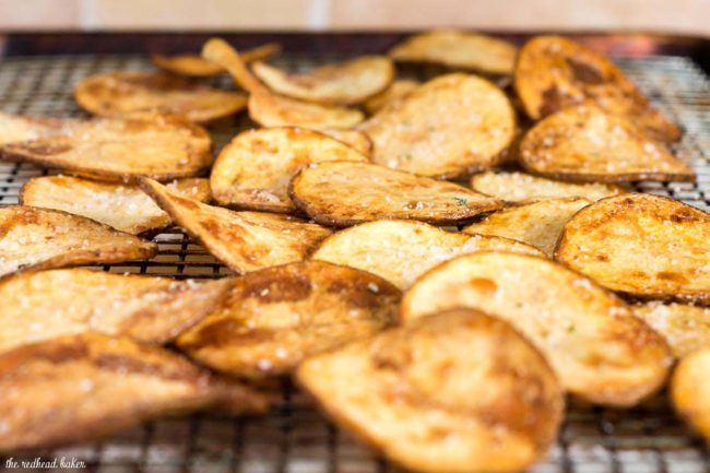 Rosemary potato chips: you can't get this flavor in a bag of store-bought chips! Dunk these crispy chips in a dip of fresh herb aioli for even more flavor. #ProgressiveEats