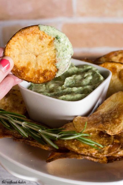 Rosemary potato chips: you can't get this flavor in a bag of store-bought chips! Dunk these crispy chips in a dip of fresh herb aioli for even more flavor. #ProgressiveEats