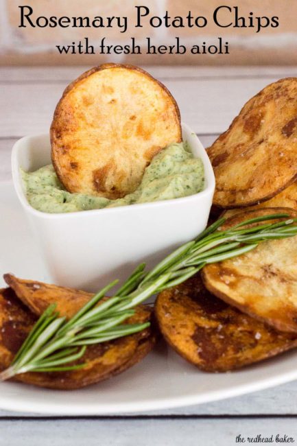 Rosemary potato chips: you can't get this flavor in a bag of store-bought chips! Dunk these crispy chips in a dip of fresh herb aioli for even more flavor. #ProgressiveEats