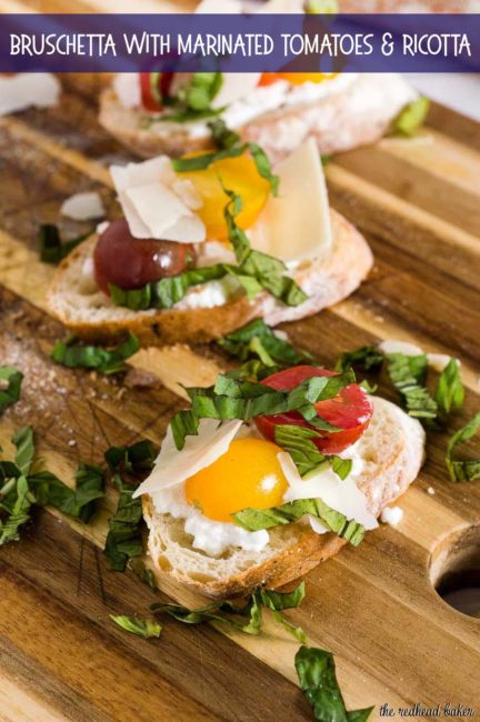 Bruschetta with marinated tomatoes and ricotta is an easy appetizer that epitomizes summer. Using multicolored cherry tomatoes adds visual interest. 