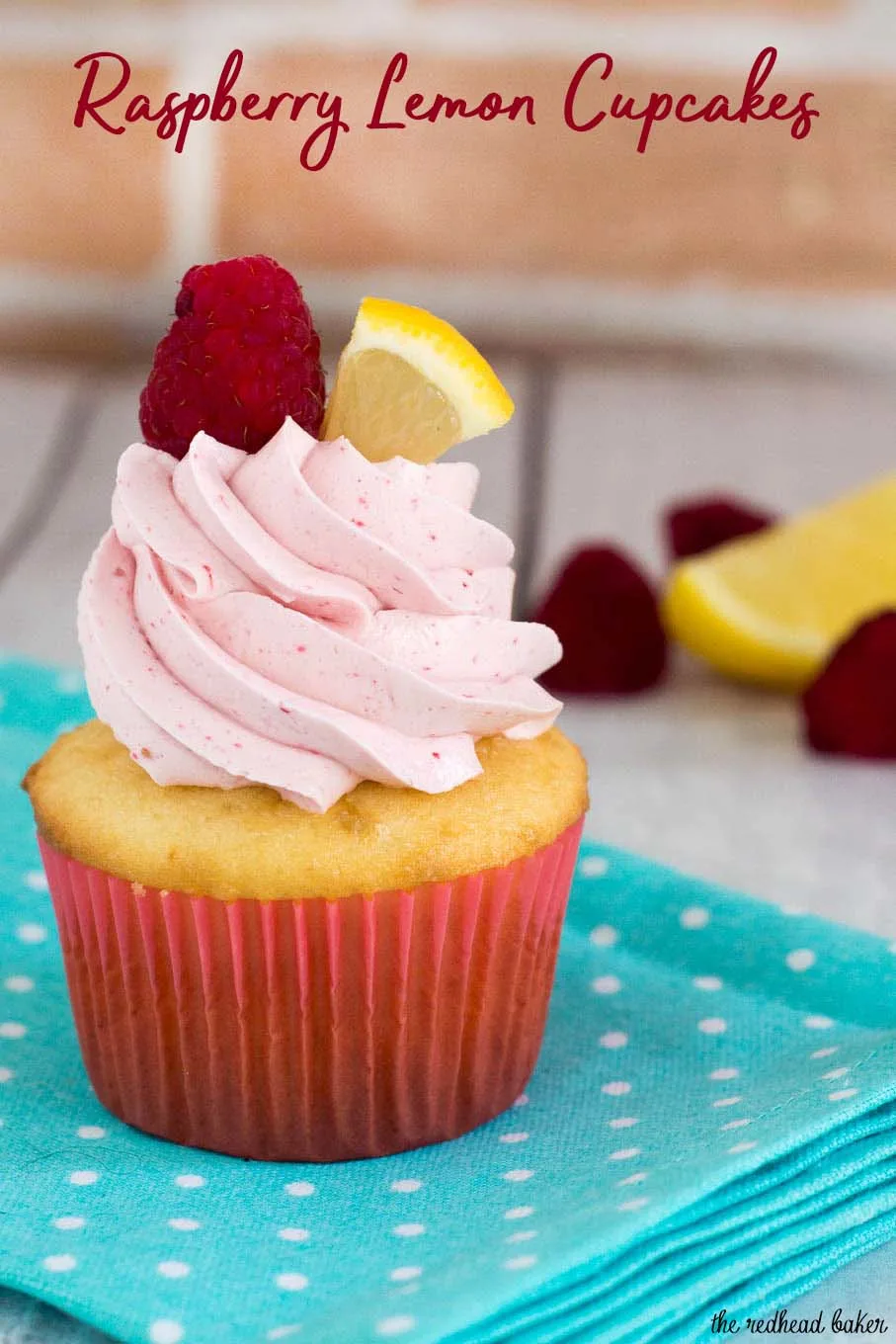 Raspberry lemon cupcakes are a delicious summer dessert. These fluffy cupcakes are filled with tart lemon curd and topped with silky buttercream flavored with raspberry puree. #FarmersMarketWeek