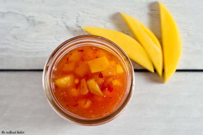 This sticky, sweet mango chili sauce is easy to make and so addictive! Use it to dip shrimp, chicken or fresh spring rolls. 