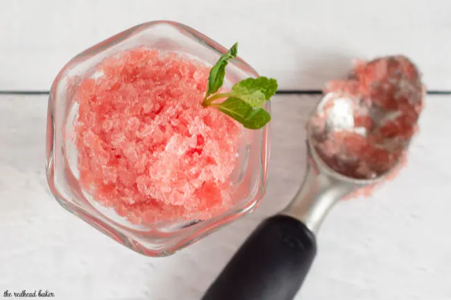 Granita is a Sicilian dessert made from crushed ice and flavoring. This watermelon mint granita is light and refreshing, perfect for a summer day!&nbsp;