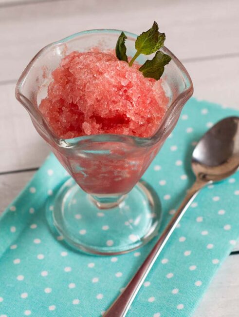 Granita is a Sicilian dessert made from crushed ice and flavoring. This watermelon mint granita is light and refreshing, perfect for a summer day! 