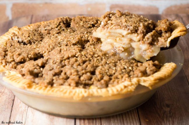 Classic apple pie gets a twist with a cinnamon-spiced oat crumb topping that adds texture and flavor. It's the perfect dessert for any fall occasion! #AppleWeek