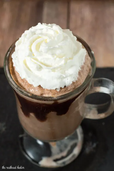 Creamy, delicious frozen hot chocolate is a fun twist on a classic treat. The texture is more like a blended cappuccino beverage than a milkshake.&nbsp;#Choctoberfest