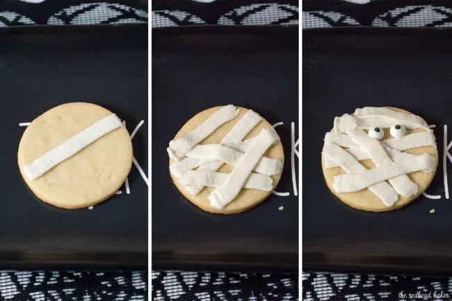 Scare up some easy Halloween treats &mdash; make these spooky mummy cookies. Simply pipe a few lines of frosting onto round sugar cookies, add candy eyes and you're done! #ProgressiveEats