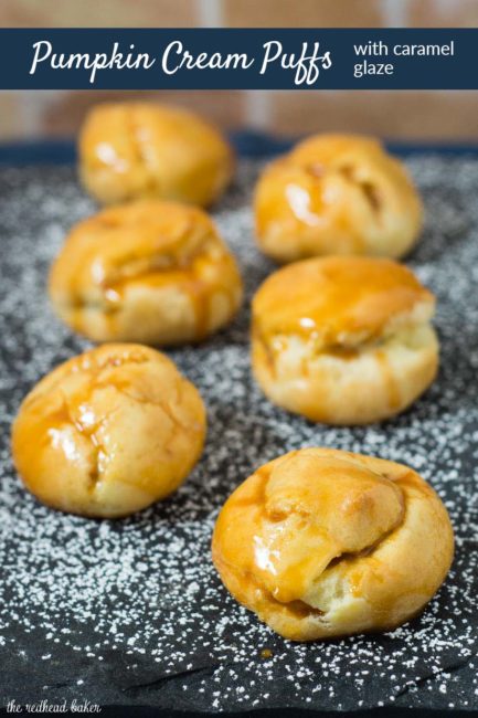 Pumpkin cream puffs are filled with creamy pumpkin custard and dunked in caramel glaze. You've never had a pumpkin dessert like this before! #PumpkinWeek