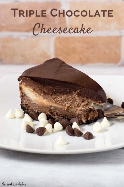 If chocolate cheesecake is good, triple chocolate cheesecake must be better! Layers of semisweet, white and milk chocolate cheesecake on a chocolate cookie crust are topped with a rich chocolate glaze. #Choctoberfest
