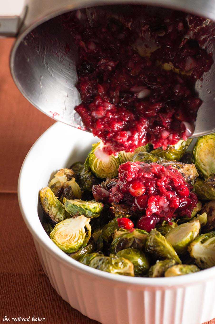 Roasted brussels sprouts are tender and sweet, and tossing them with a cranberry brown butter sauce adds a savory-sweet flavor.