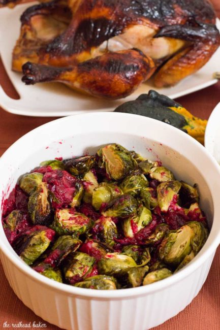 Roasted brussels sprouts are tender and sweet, and tossing them with a cranberry brown butter sauce adds a savory-sweet flavor.