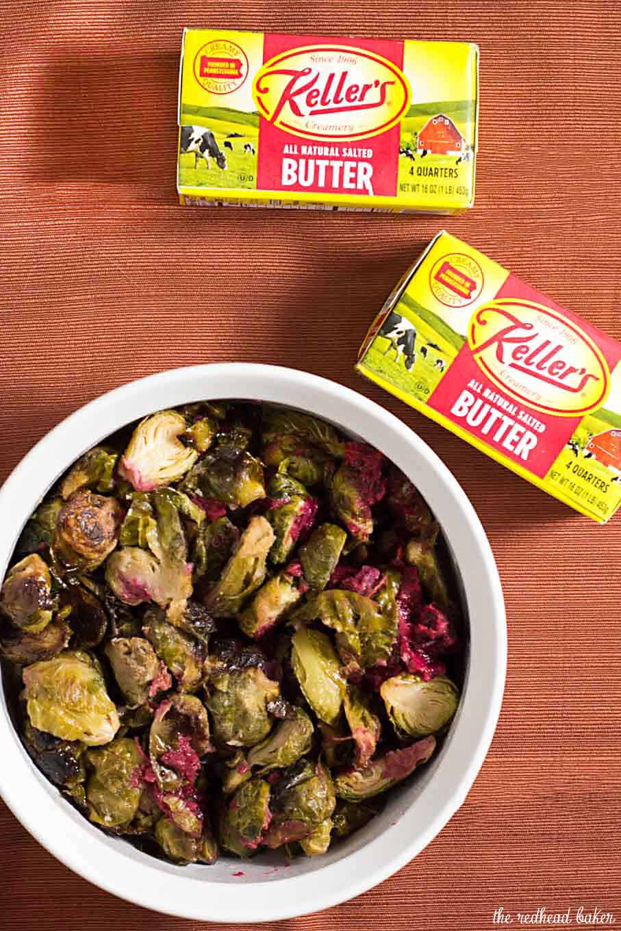 Roasted brussels sprouts are tender and sweet, and tossing them with a cranberry brown butter sauce adds a savory-sweet flavor.