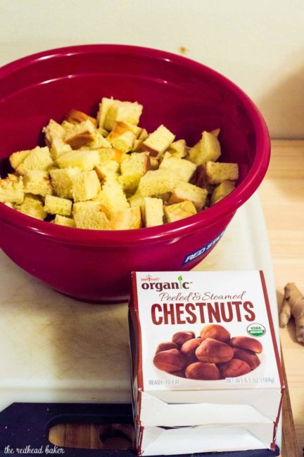 Cranberry Chestnut Brioche Stuffing is a flavorful side dish for your Thanksgiving table. Rich brioche bread is dotted with cranberries and chestnuts.