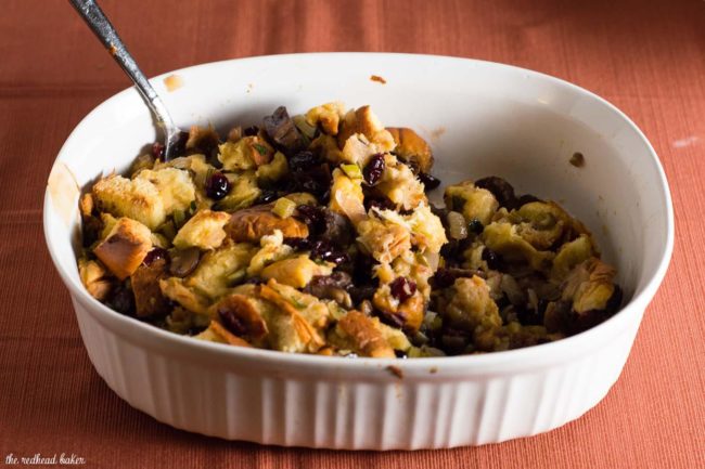 Cranberry Chestnut Brioche Stuffing is a flavorful side dish for your Thanksgiving table. Rich brioche bread is dotted with cranberries and chestnuts.