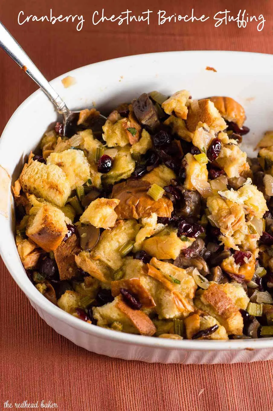 Cranberry Chestnut Brioche Stuffing is a flavorful side dish for your Thanksgiving table. Rich brioche bread is dotted with cranberries and chestnuts.