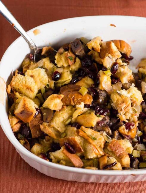 Cranberry Chestnut Brioche Stuffing is a flavorful side dish for your Thanksgiving table. Rich brioche bread is dotted with cranberries and chestnuts.