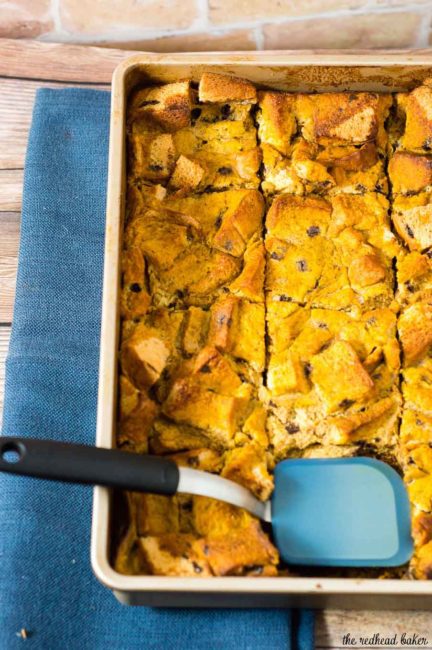 Pumpkin chocolate chip broiche bread pudding is a warm, comforting fall dessert, perfect for the holidays or any chilly night. Top with vanilla ice cream or caramel sauce. 