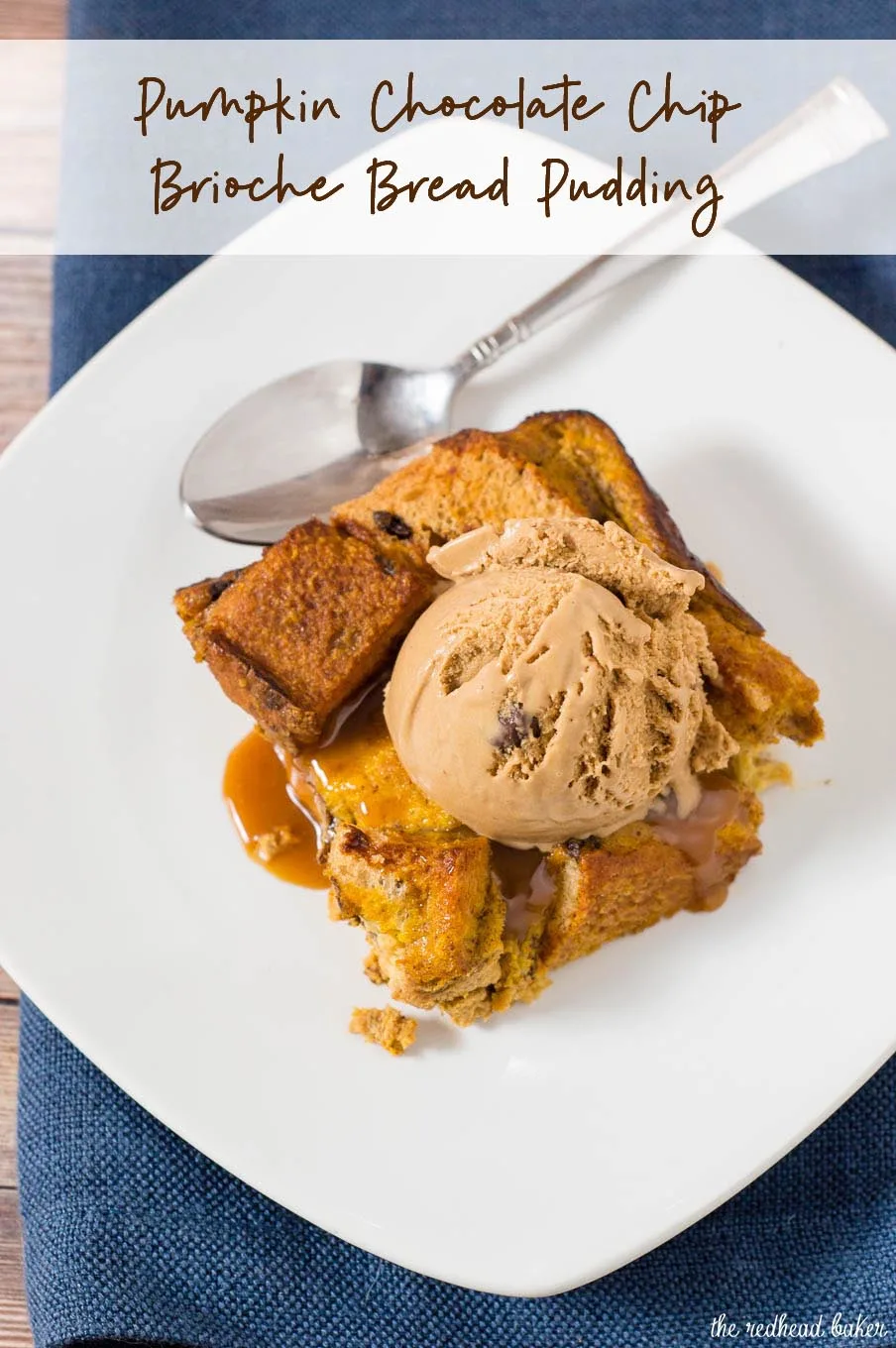 Pumpkin chocolate chip brioche bread pudding is a warm, comforting fall dessert, perfect for the holidays or any chilly night. Top with vanilla ice cream or caramel sauce. 