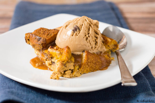 Pumpkin chocolate chip broiche bread pudding is a warm, comforting fall dessert, perfect for the holidays or any chilly night. Top with vanilla ice cream or caramel sauce. 