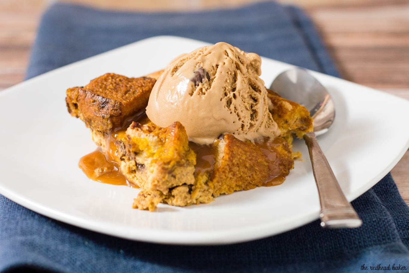 Pumpkin chocolate chip brioche bread pudding is a warm, comforting fall dessert, perfect for the holidays or any chilly night. Top with vanilla ice cream or caramel sauce. 