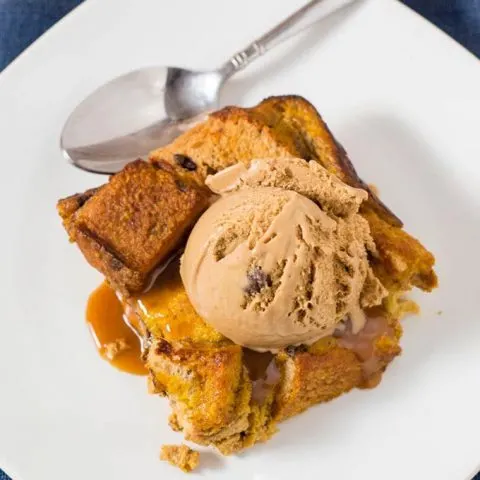Pumpkin chocolate chip broiche bread pudding is a warm, comforting fall dessert, perfect for the holidays or any chilly night. Top with vanilla ice cream or caramel sauce. 