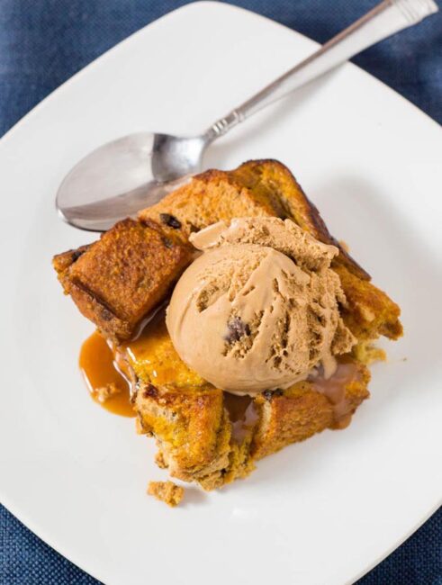 Pumpkin chocolate chip broiche bread pudding is a warm, comforting fall dessert, perfect for the holidays or any chilly night. Top with vanilla ice cream or caramel sauce. 